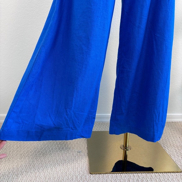 ZARA Linen Blend Wide Leg Palazzo Pants, Size Large, Royal Blue, Elastic Waist - Picture 14 of 16
